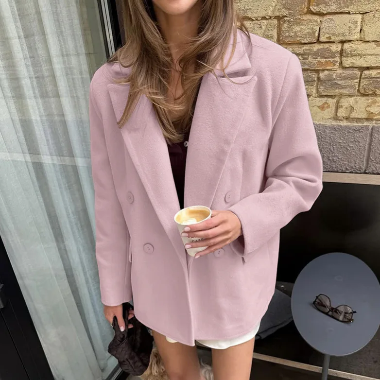 

Sweet Pink Autumn Women's Suit Jakcet Turn Down Collar Double Breasted Female's Woolen Coat Temperament Office Lady's Outwaer