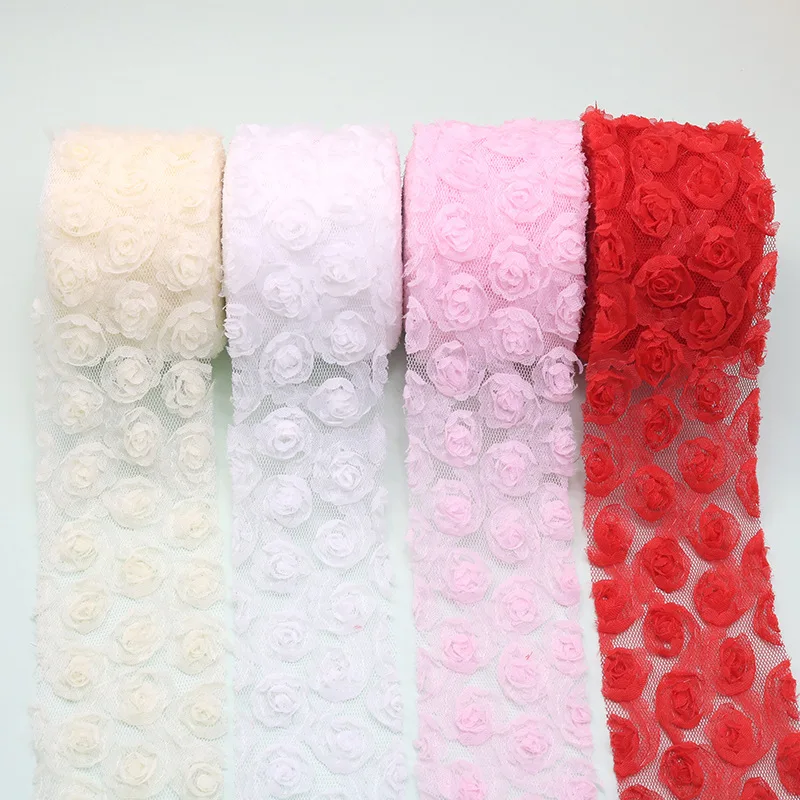6cm-3dシフォンローズフラワー刺繍レーストリムメッシュリボン生地diy縫製クラフト、コスチューム、ヘッドドレス、帽子、靴、衣類用