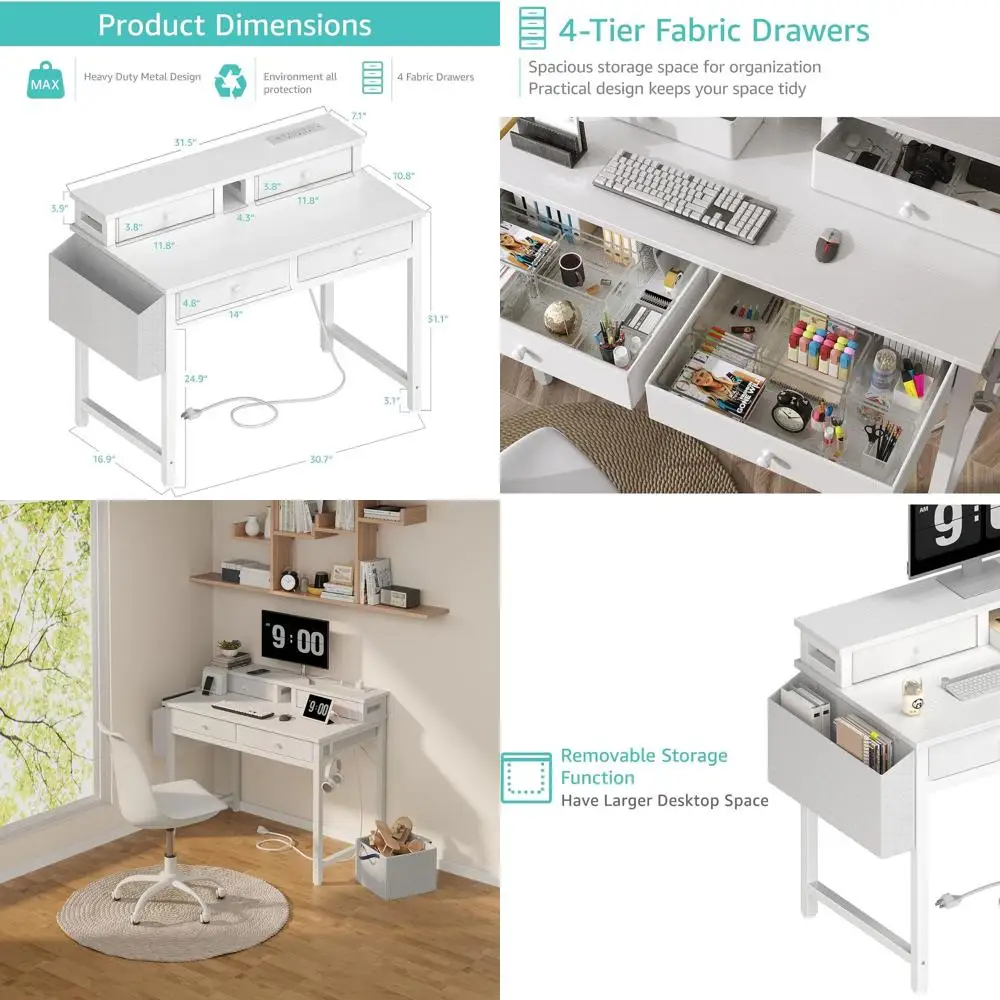 Small White Desk with Fabric Drawers for Bedroom, 32 inch Vanity Makeup Desk with Drawers Storage for Home Office, Writing Study
