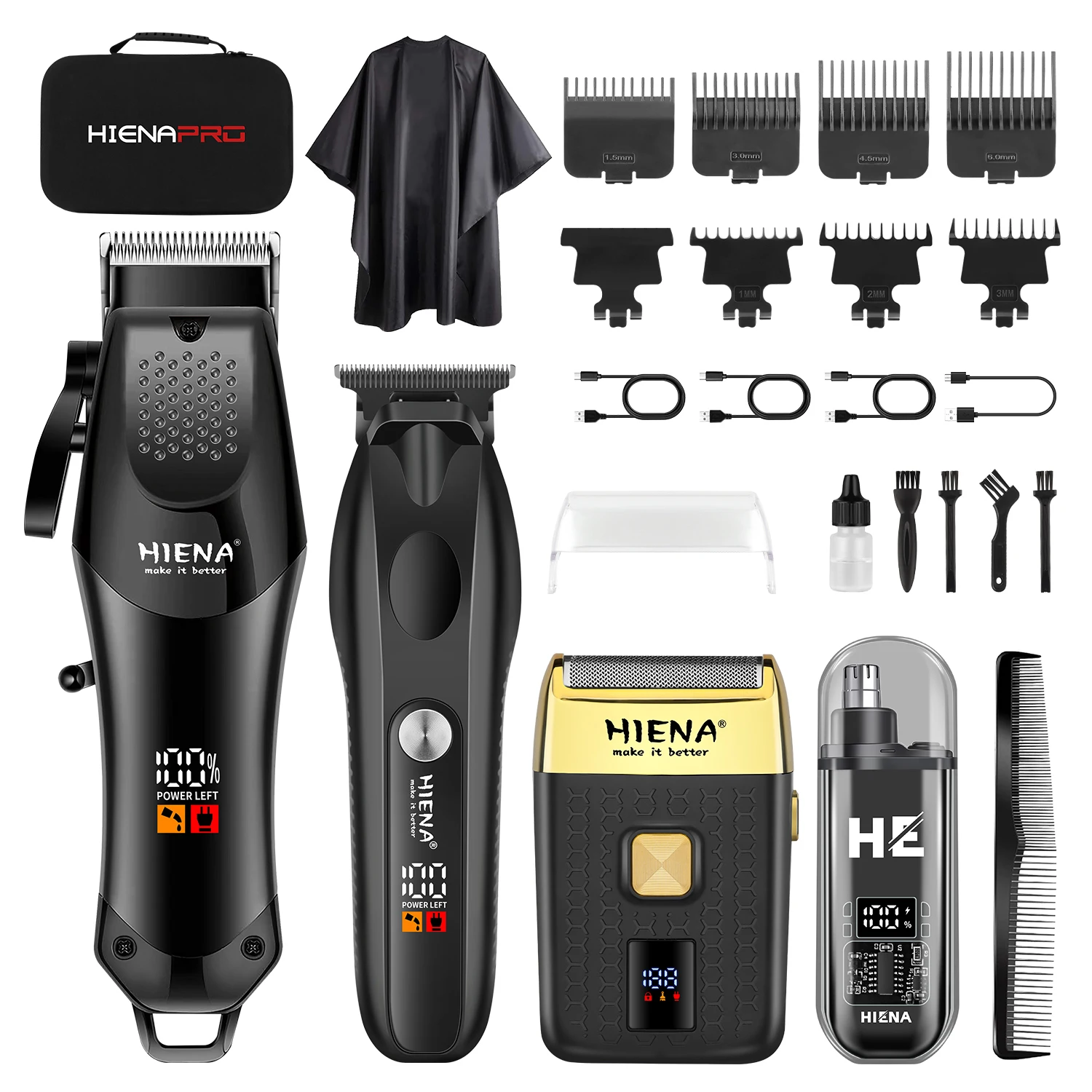 HIENA PRO 4-in-1 Men's Grooming Kit: Hair Clipper, Trimmer, Shaver & Nose Hair Trimmer with LED Display & Accessories