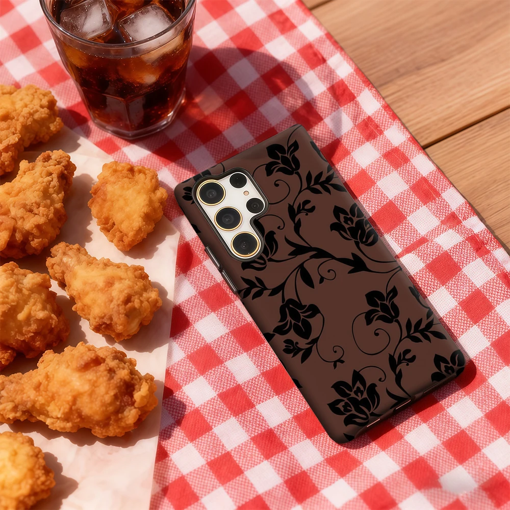 Funda de teléfono con patrón de vid Floral marrón para Samsung Galaxy S25 Ultra S24 S23 Ultra Plus, funda trasera de doble capa a prueba de golpes