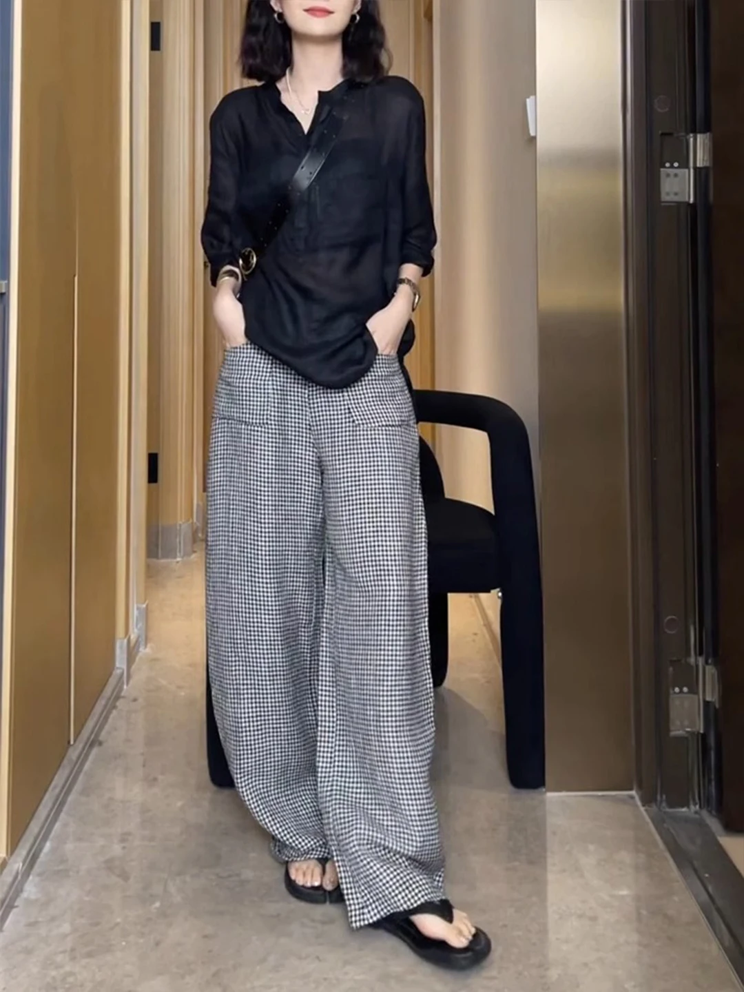 Hohe Taille, weites Bein, Messerhose, Damen, Sommer, locker, Übergröße, drapiert, schlankmachend, gerade, lässig, bodenlang, Sensehose