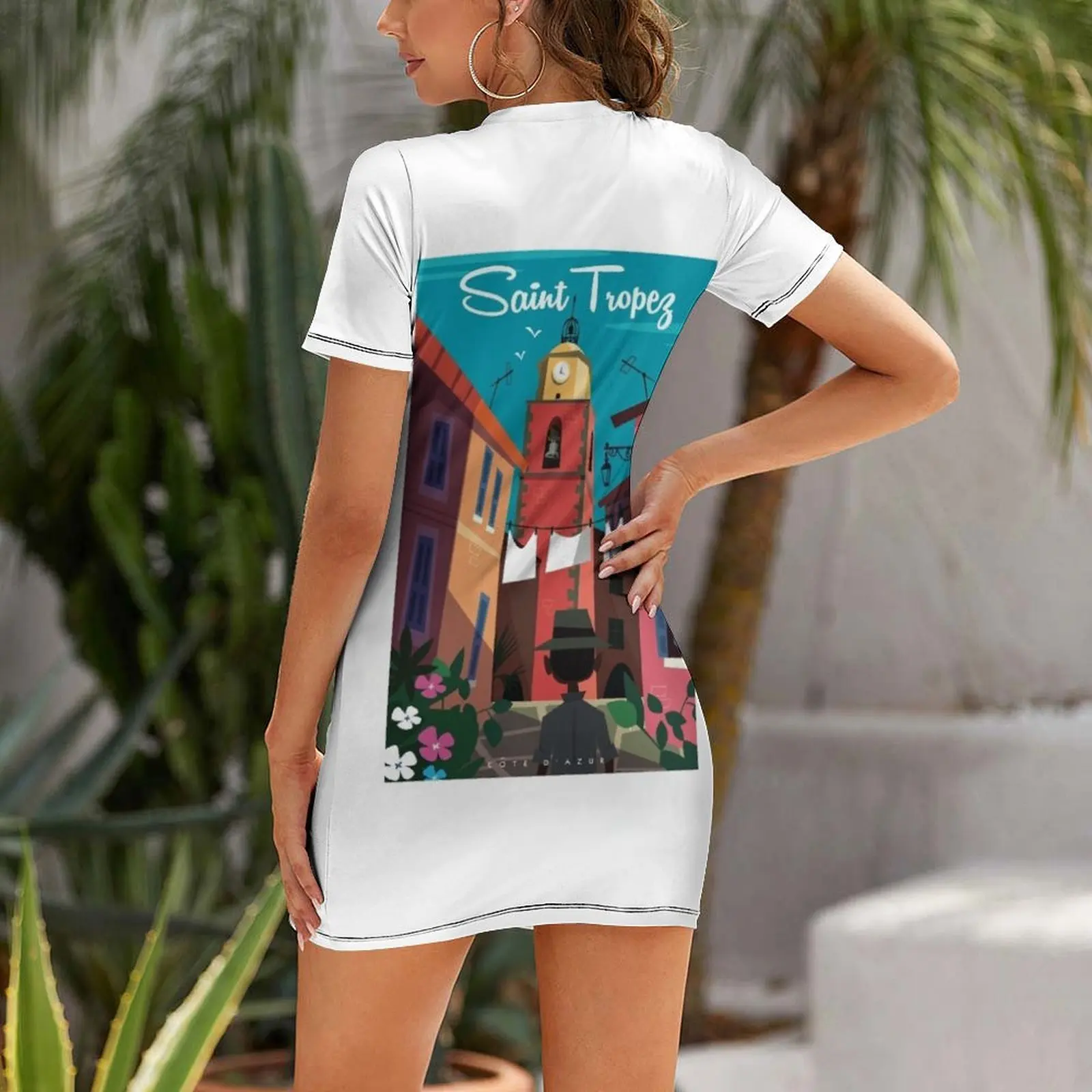 Saint Tropez poster Short Sleeved Dress Long veiled dresses evening dress chic and elegant woman dress