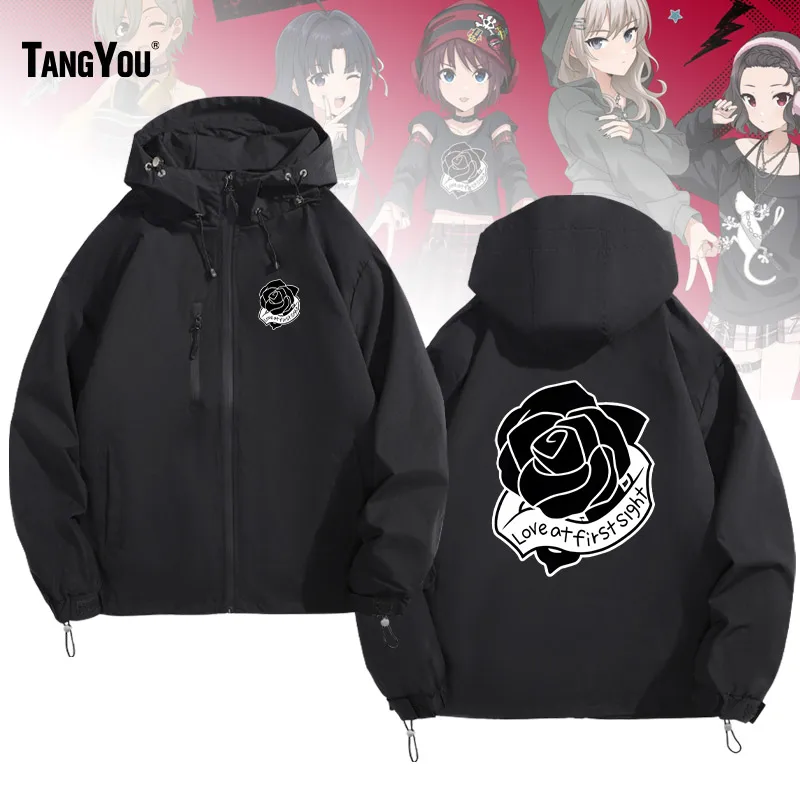 

Cartoon Anime Collaborative Print Jacket Unisex Loose Fit Long Sleeve Casual Style Polyester Fiber Zipper Closure Rose Pattern
