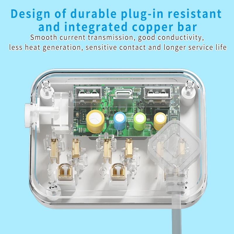 Plugue de parede econômico e poderoso em tomada de energia 6 em 1, 3 saídas de energia, 2 USB-A e 1 tipo C