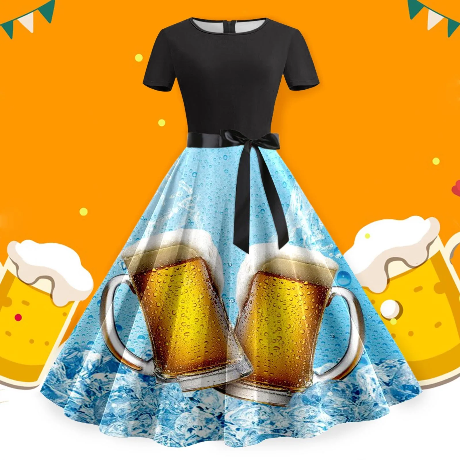 Short Sleeve O-neck Long Dress Germany Oktoberfest Womens Vintage Dress Women's Beer Festival Bavarian Traditional Beer Dress