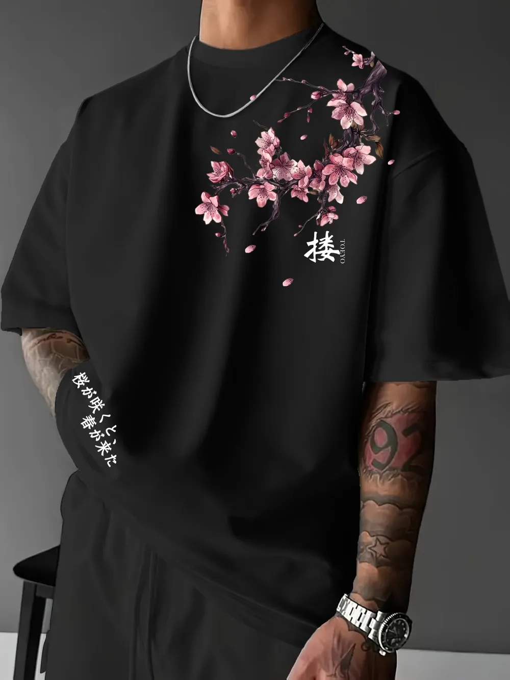 American Men's Summer Cherry Blossom Branch Letter Print Comfortable and Breathable Round Neck T-Shirt Outdoor Street Top