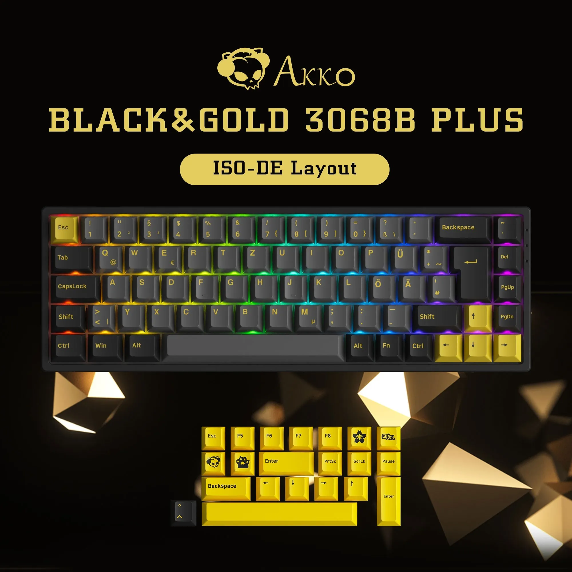 Akko 3068B Plus Black & Gold ISO DE/UK/Nordic Layout RGB Hot-Swap Wireless Mechanical Gaming Keyboard BT 5.0/2.4Ghz/USB-C