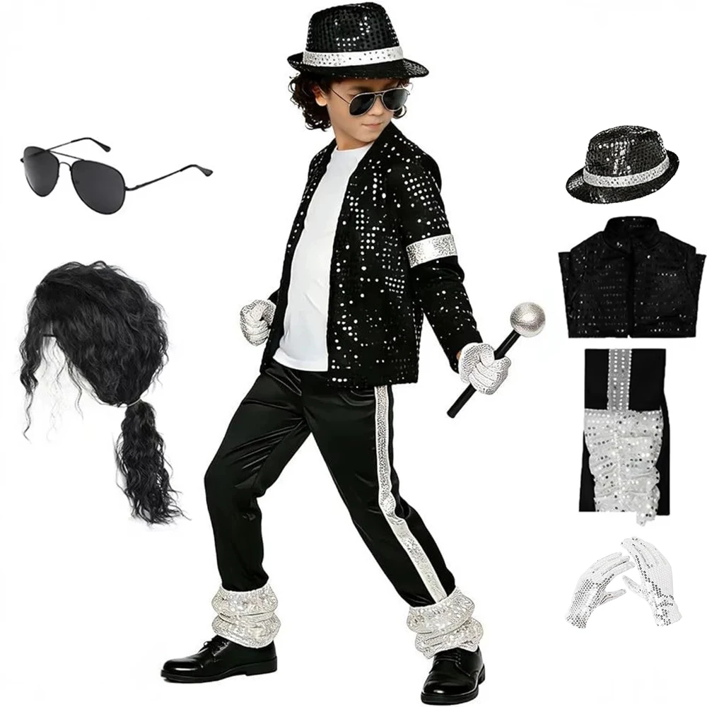 Kids Kids Hip Hop Pop Star Sequin Costume Boys Black Silver Glitter Jacket Pants Set with Hat Sunglasses Gloves Carnival Show Outfit - Aliexpress Deal
