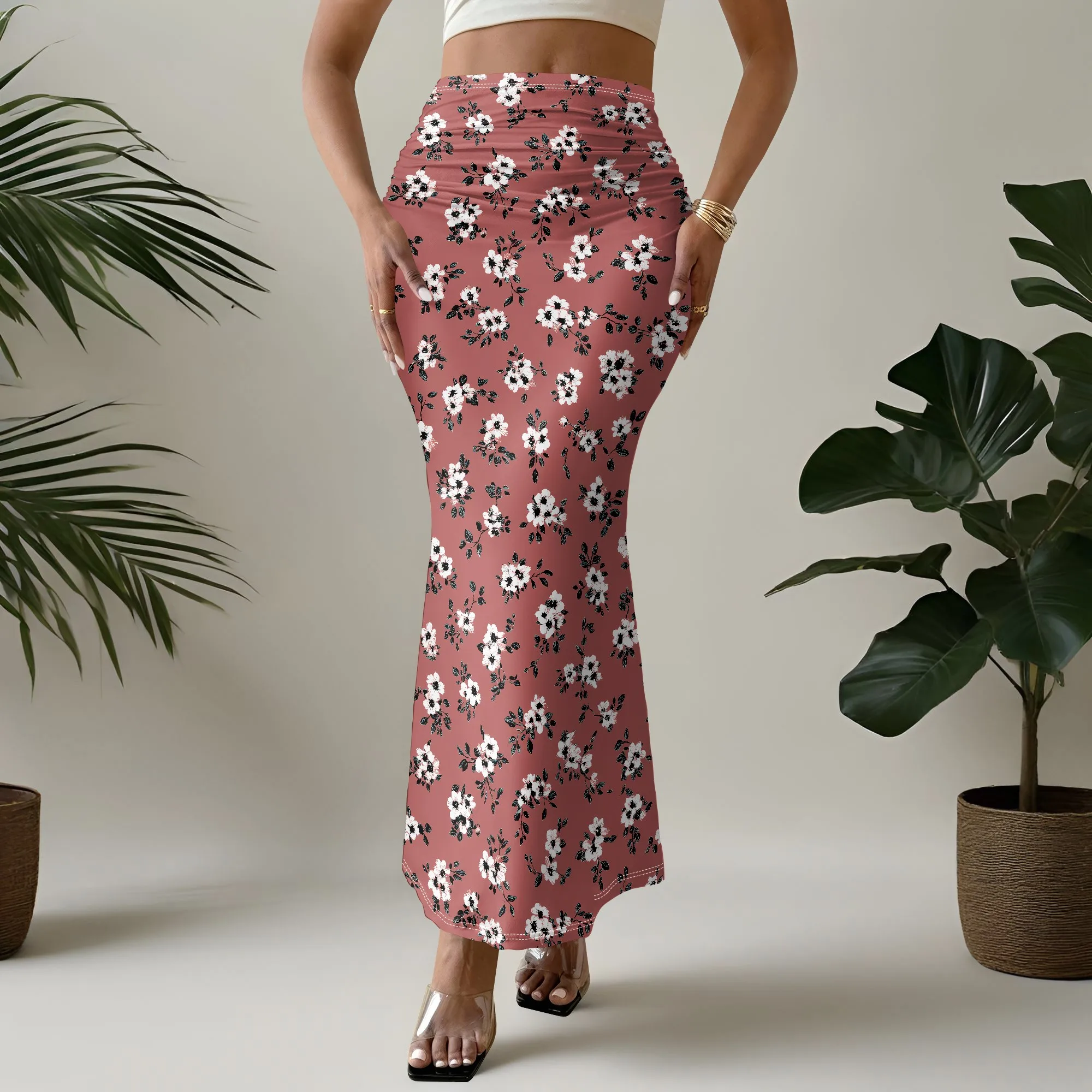 Floral Print Mermaid Skirt, Ruched High Waist, A-Line Long Hem, Summer Beach Party Wear for Women, S-2XL