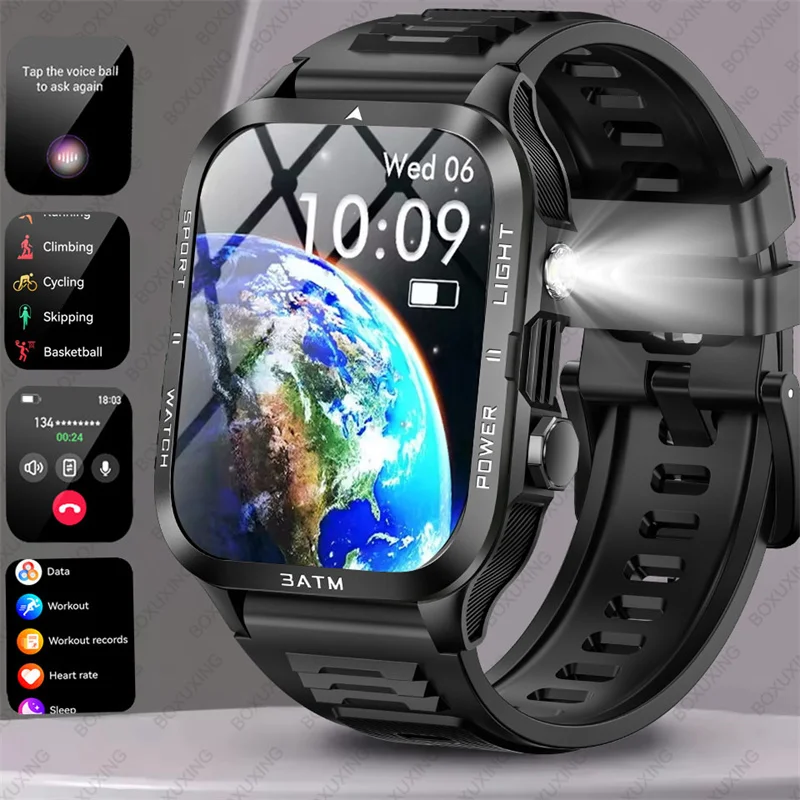 Grade Starke Taschenlampe SmartWatch Männer Herzfrequenz 880 mAh Batterie 3ATM Wasserdichte Drahtlose Anruf Sport Smartwatch Für IOS Android