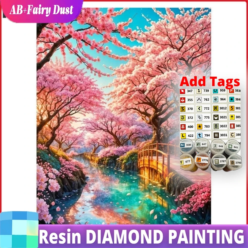 Resin AB Fairy Dust 5d Diy Diamond Painting Fantasy Cherry Blossom Tree Landscape Embroidery Full Drill Home Decor