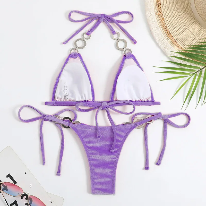 Pink Velvet String Triangle Bikinis Set for Women Sexy Halter Swimsuit Micro Thong Swimwear Bathing Suit Brazilian Bikini Mujer