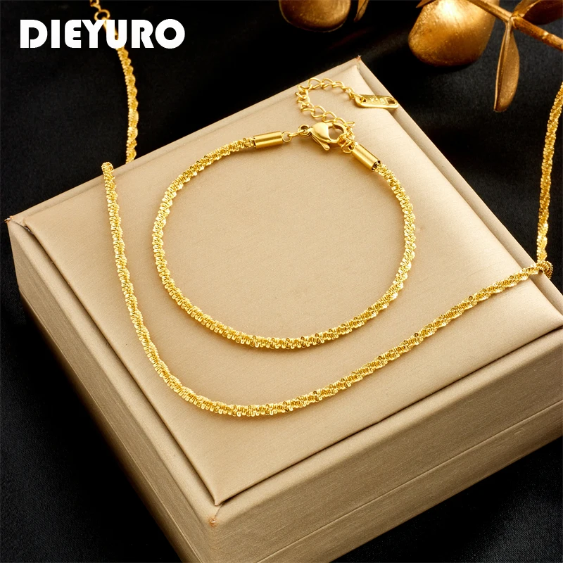 DIEYURO 316L Stainless Steel Gold Color Delicate Fine Chain Necklace Bracelets For Women Girl Fashion Waterproof Jewelry Set