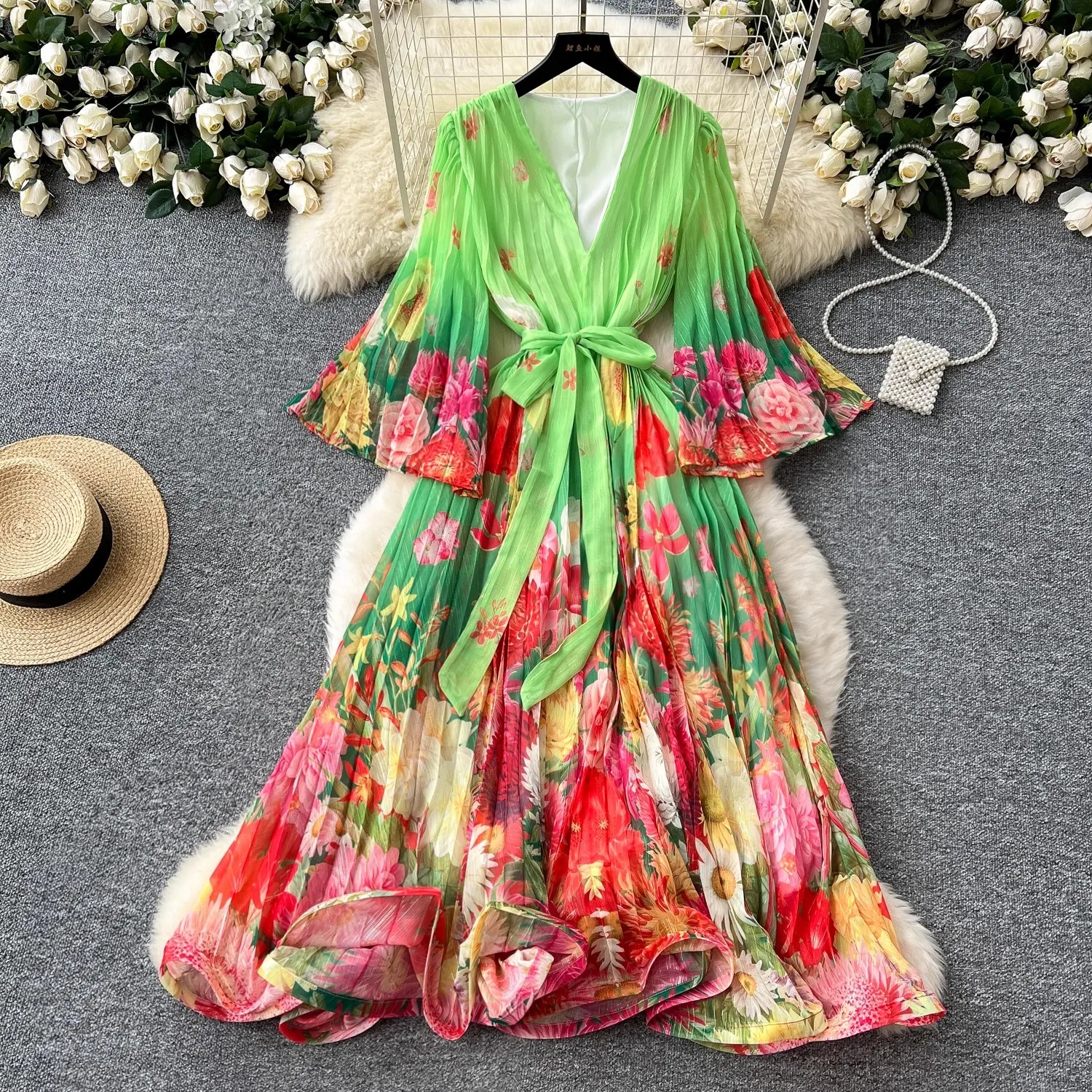 2025 New Spring Summer V Neck Flare Sleeve Print Flower High Quality Shaped Waves Pleated Loose Casual Party Boho Dresses