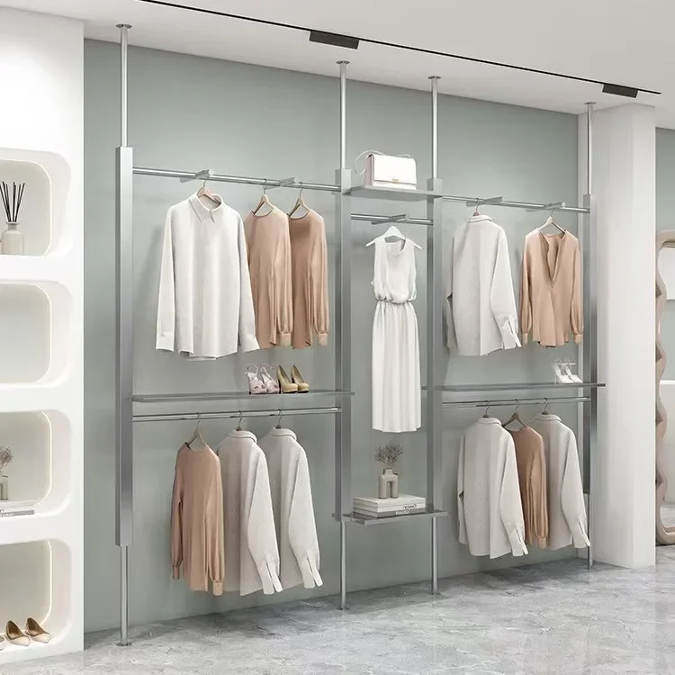 Stainless steel upper wall hanging shelf column men's and women's clothing store double layer hanging clothes rack display rack