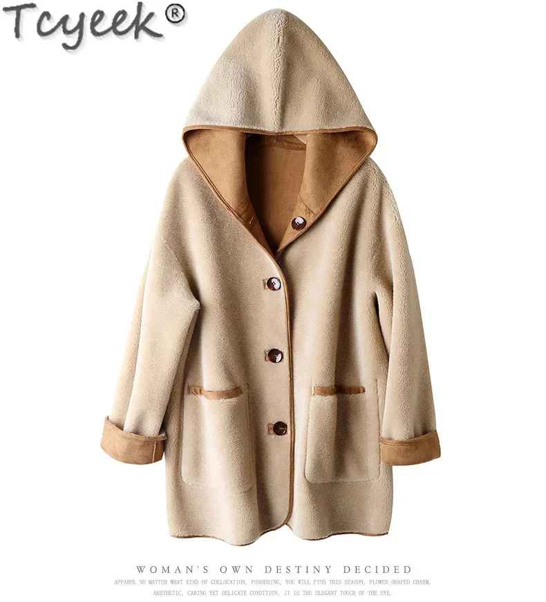 Tcyeek-abrigo de lana para mujer, chaqueta de piel de oveja de dos caras, de longitud media, estilo coreano, para otoño e invierno, 100%