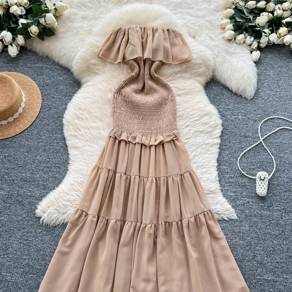 Verão elegante vestido de babados para mulheres em camadas bolo vestidos slash neck boêmio fino chiffon magro vestidos femininos novo em 2025