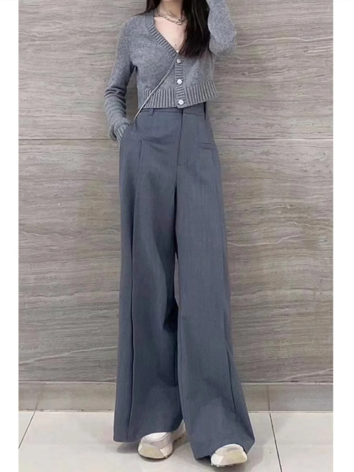 

Gray Wide Leg Pants High Waist Pocket Casual Commute Style Women's Fashion Summer New Slimming Suit Trousers Korean Version