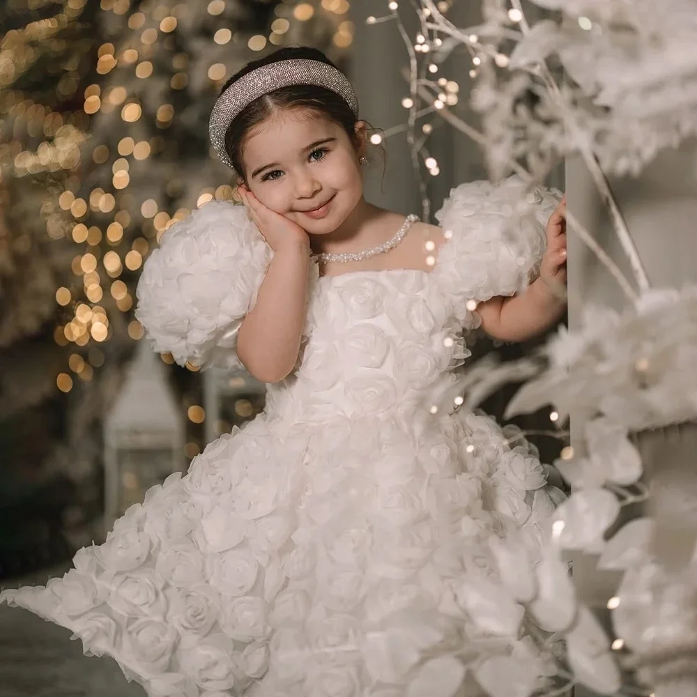 

Lovely 3D Flower Puffy Sleeve Flower Girl Dress Square Collar Puff Ruffles A-Line First Communion Birthday Party Gown Customized