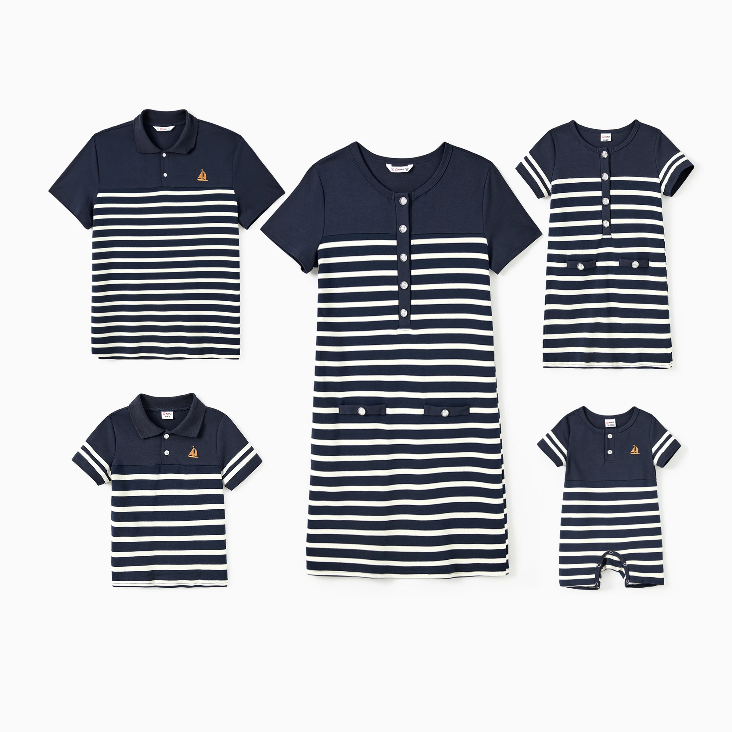 PatPat Family Matching Sets Preppy Style Cotton Striped Polo Shirt or Henley Neck Button Up H-Line Dress