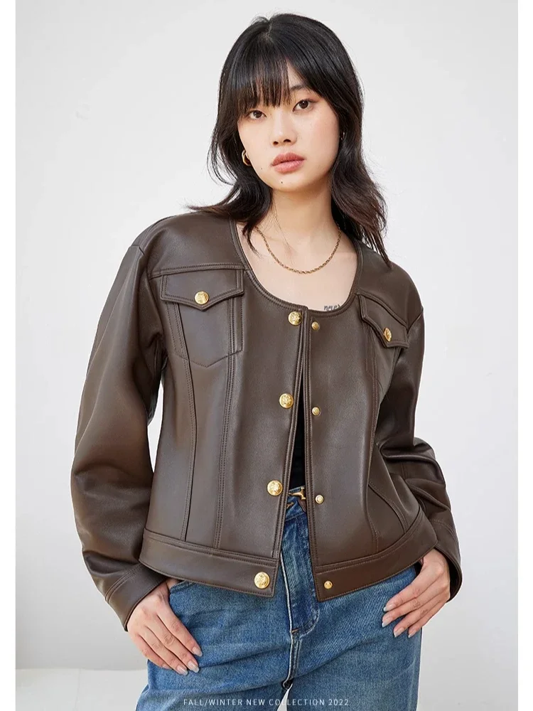 

Elegant O-neck Genuine Leather Motorcycle Jackets for Women Spring Autumn 2026 New High-end Simple Short Real Sheepskin Coat