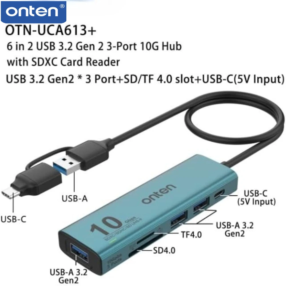 ONTEN Type C HUB USB A HUB USB 3.2 GEN 2 10G Speed to 3 Ports USB A  Adapter and UHS-II SD/TF Ports Type C HUB for Mac Laptop