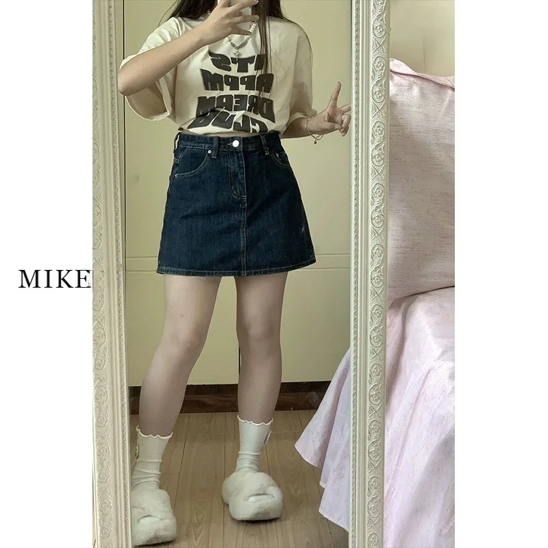 

High Waist A-Line Skirt Women's Denim Skirt Summer Faion Korean Sle Cover Belly Anti-Light Slimming ort Skirt