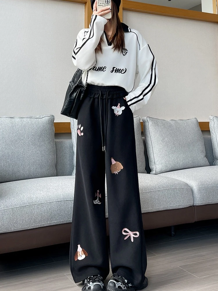 秋冬のレディースカジュアルストレートスポーツパンツ、厚手のドローストリング付き、伸縮性ウエスト、刺繍入りワイドレッグパンツ