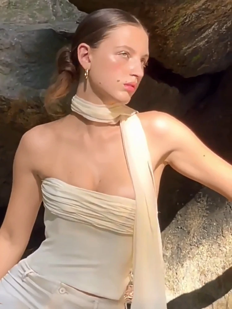 

Sexy Sleeveless One Neck Niche Pure Desire Style Satin Texture Strapless Ribbon Solid Color Short Top Casual and Comfortable