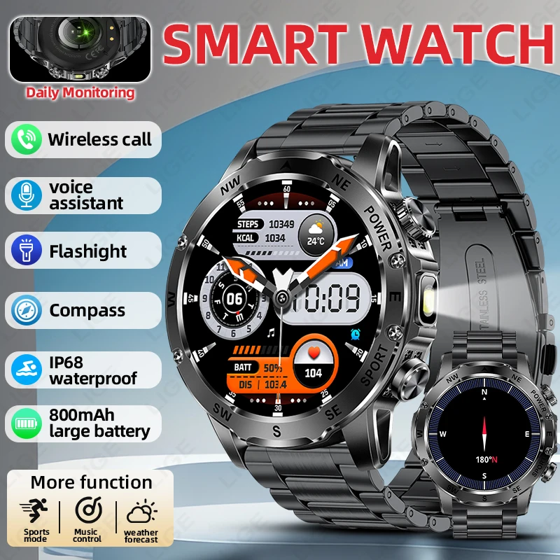 

LIGE 2025 New 800mAh High-capacity Battery Smart Watch Men Bluetooth Call Health Monitor IP68 Waterproof Sports Fitness Watches