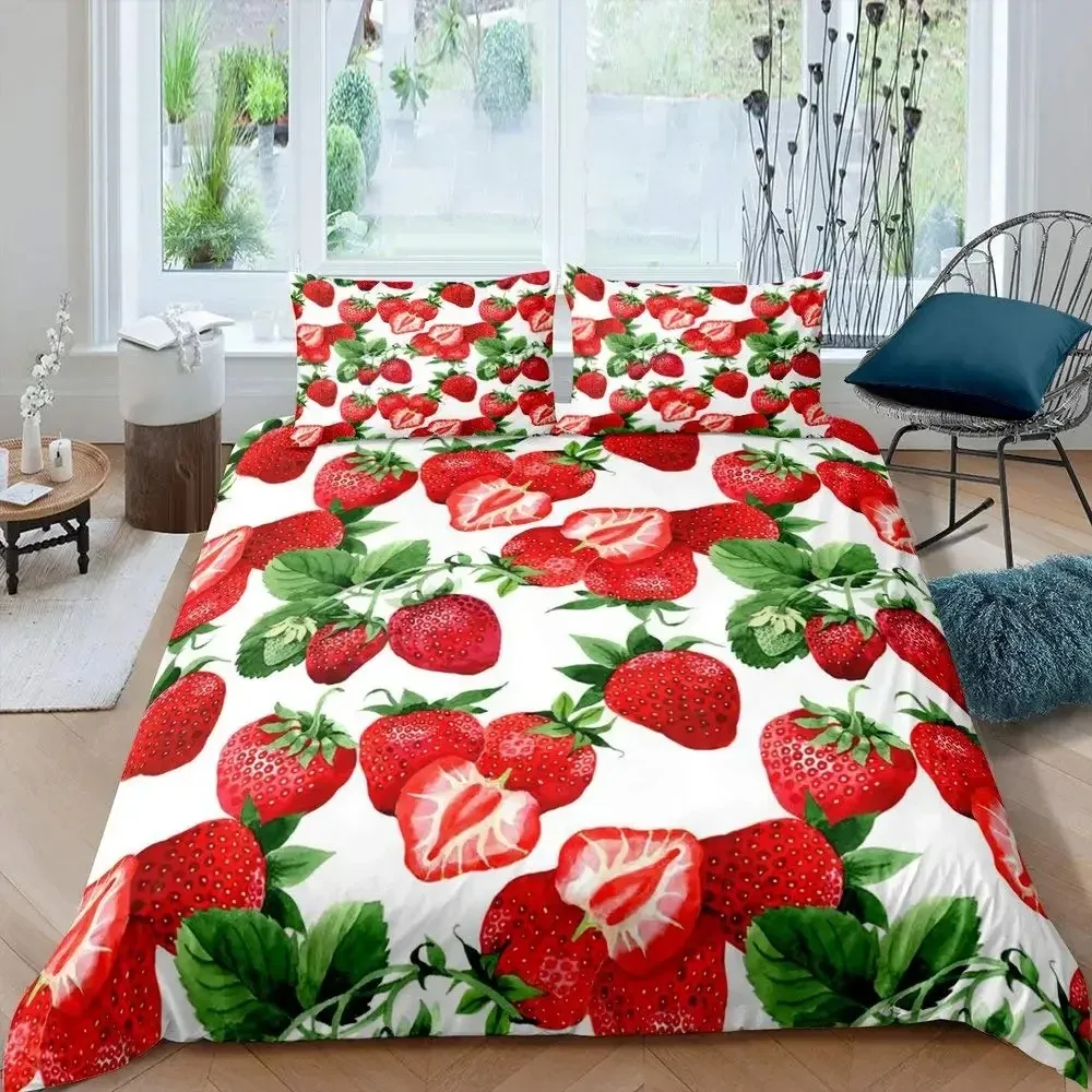 

Strawberry Duvet Cover Set Girl King Size Comforter Cover Set Red Strawberry Bedding Set Food Fruit Quilt Cover for Kids Gift