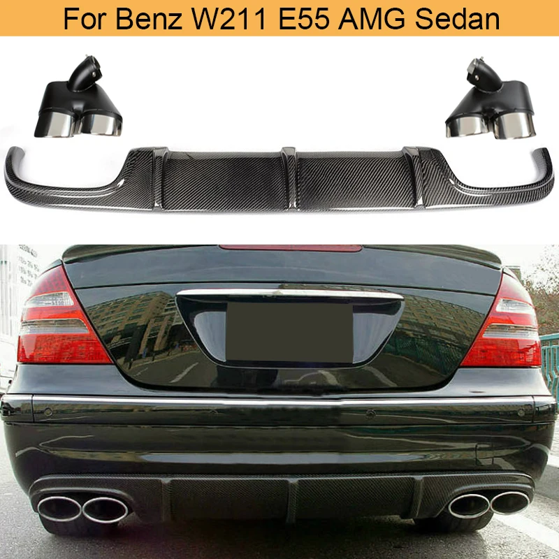 Carbon Fiber Rear Bumper Diffuser Lip For Mercedes Benz W211 E55 AMG Sedan 4 Door 2002-2006 Car Rear Diffuser with Exhaust Tips