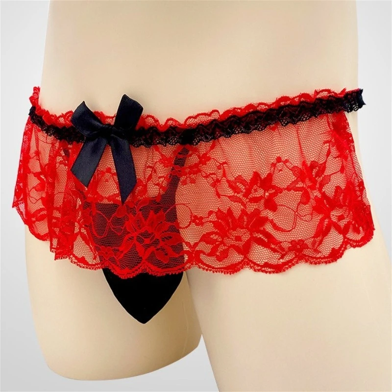 Erotic Men's Gay Underwear Lace Transparent Sexy Lingerie Bugle Pouch Thong Mesh Cross-dresser Man G-Strings Seductive T-Panties