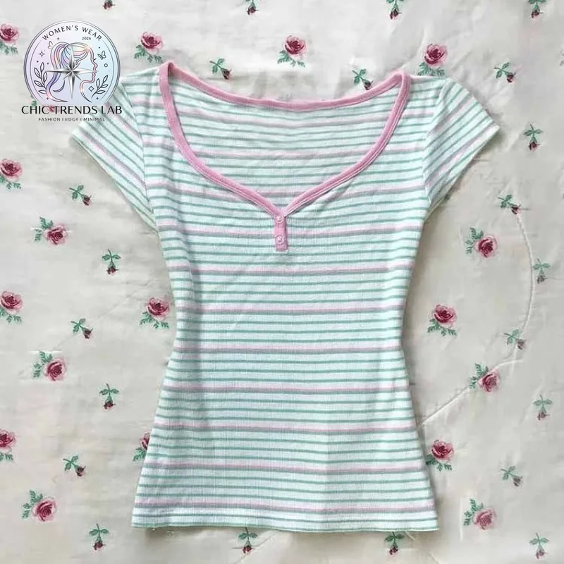 Y2k Stripes T Shirt for Women V Neck Versatile Color Blocking Vintage T-shirts Spring Summer Sexy Basics Ropa De Mujer harajuku