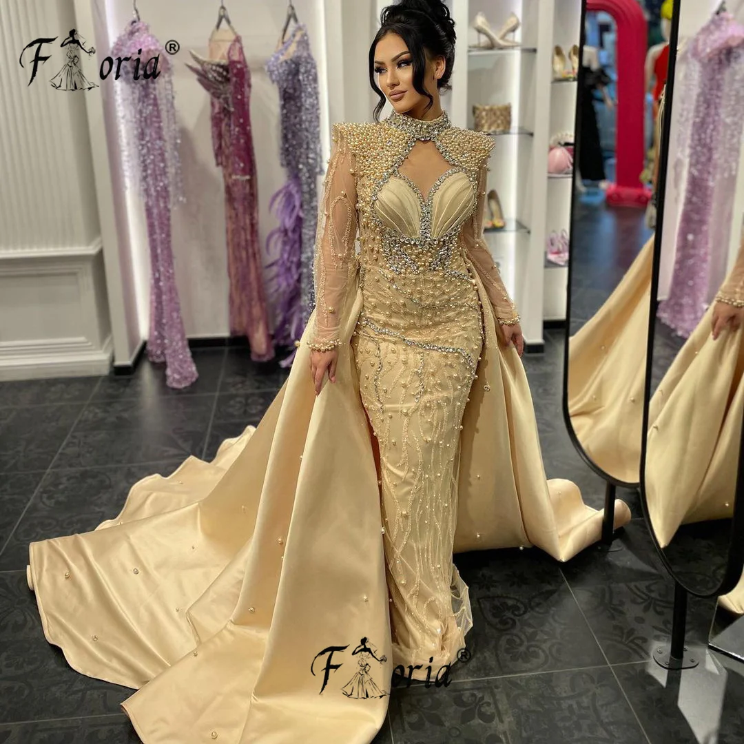 Dubai Women Gold Pearls Beaded Evening Dress with Overskit Cusotmized Crystal Luxury Mermaid Wedding Engagement Gowns Formal