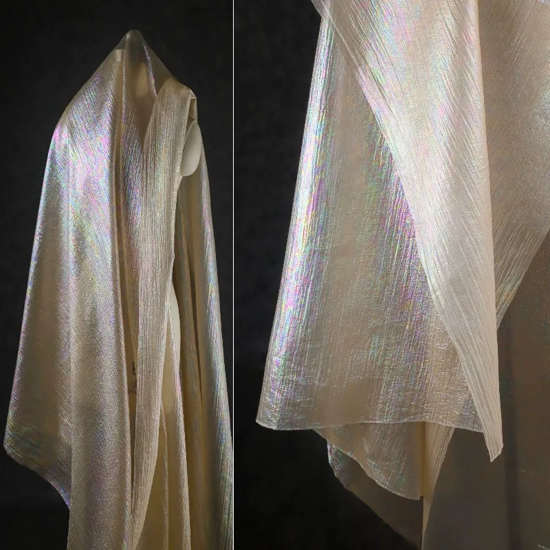 Beige Camel Gradient Iridescent Crinkle Gauze Fabric Lightweight Shiny Designer Cloth for DIY Half Skirts Decor Formal Dresses