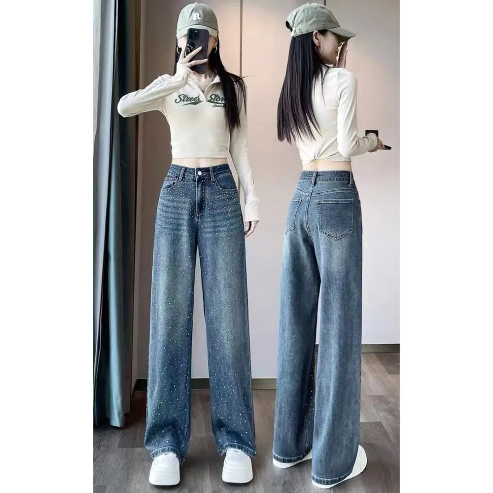 Women Korean Hot Diamond Jeans Spring Autumn Chic Loose Wide Leg Denim Pants Female High Waisted Straight Leg Long Trousers