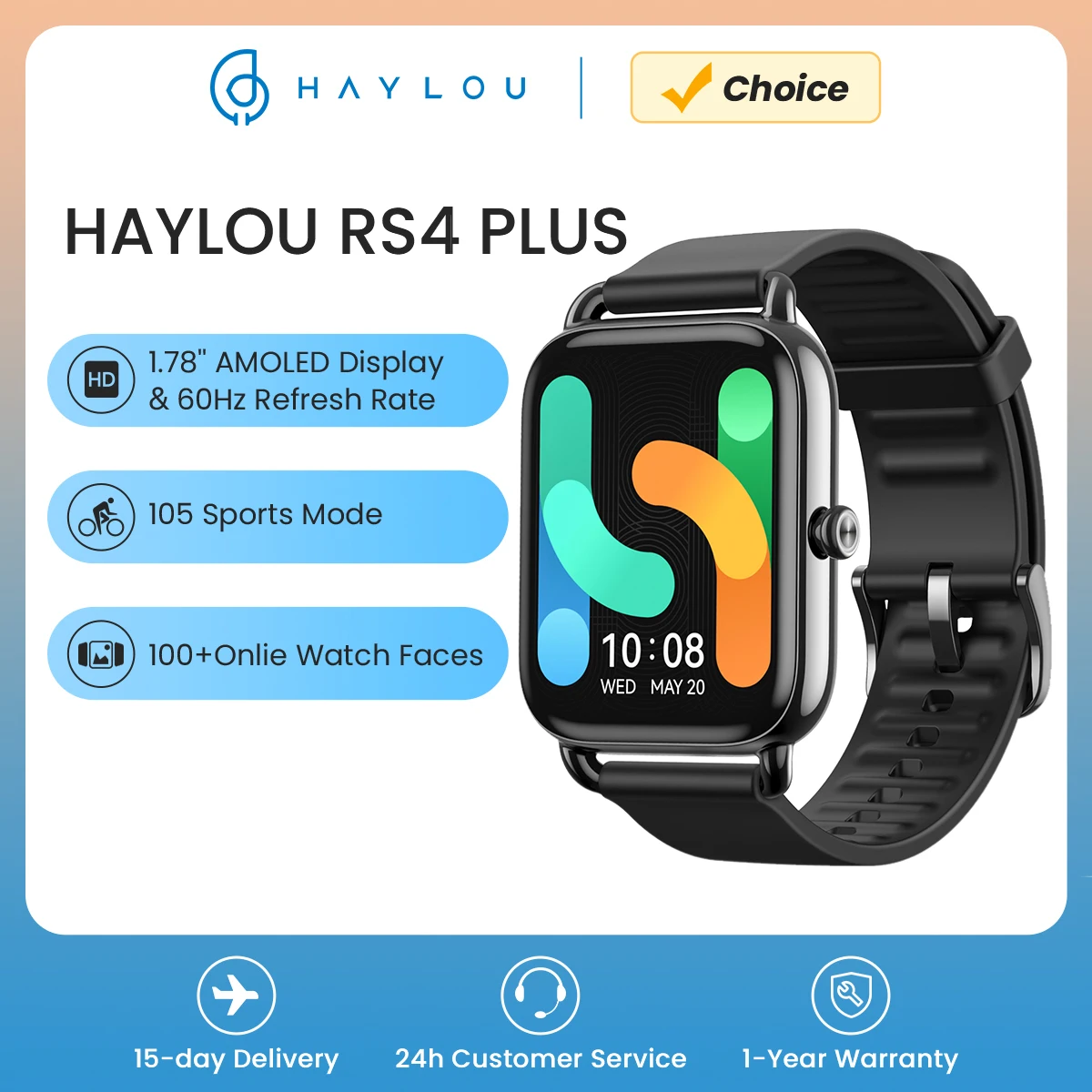 HAYLOU RS4 플러스 스마트워치 – 1.78인치 AMOLED 디스플레이, 105종 스포츠 모드, 10일 배터리 수명, SpO2 심박수 및 수면 모니터링 기능