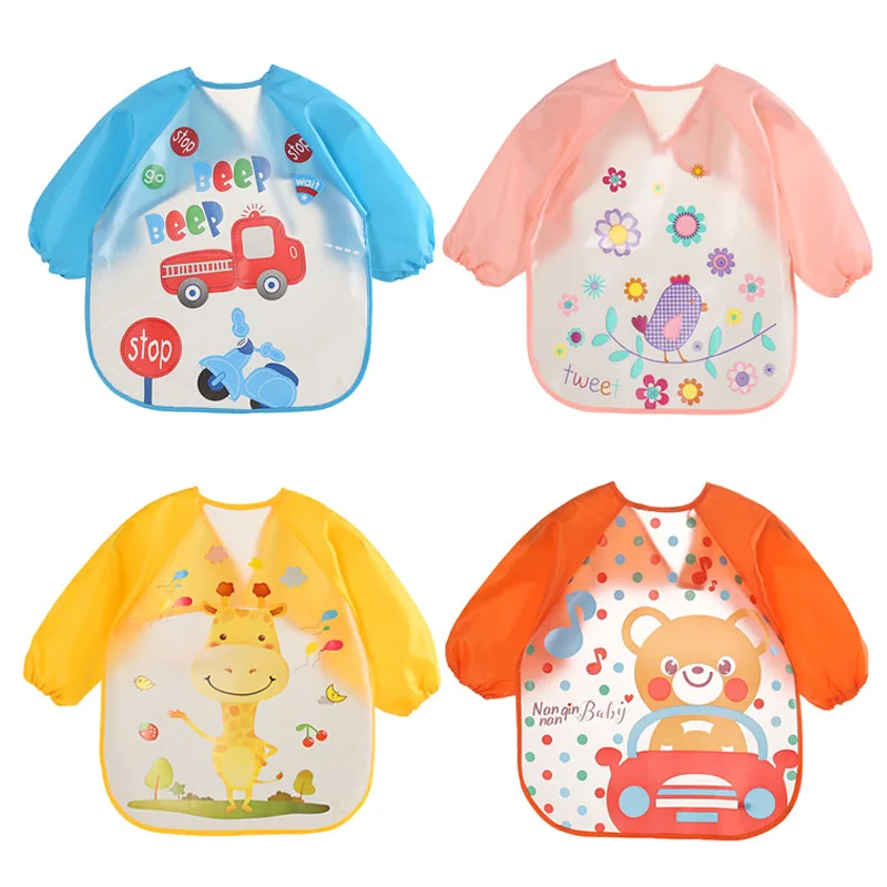 Baby Waterproof Bibs Apron Boys Girls Burp Cloth Toddler Child Newborn Feeding Painting Infant Long Sleeve Draw Animal Cartoon