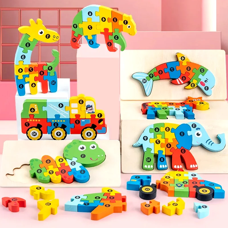 Montessori Wooden Puzzle Cartoon Animal Quality Thicken 3D Jigsaw Puzzle Educational Toys for Children Toddlers 2 3 4 5 Years