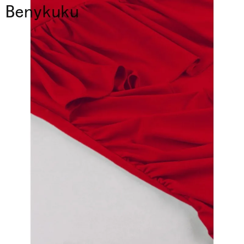 Cinghie con nodo rosso solido Abito lungo da ballo alto basso da donna Elegante volant da cocktail Abiti da compleanno Abiti da sera elasticizzati da donna