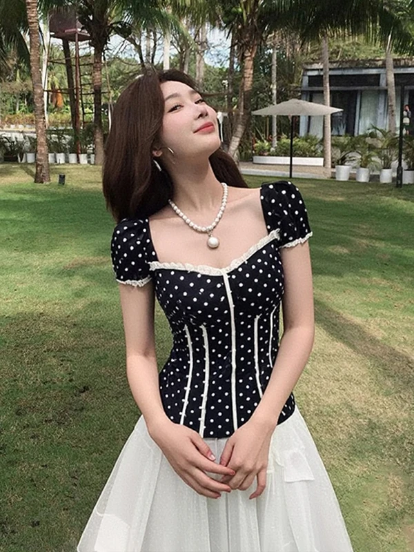 

Chic Polka Dot Fishbone Waist-Cinching Women's Shirt Summer 2025 New Style Beautiful High-End Feeling Short Sleeve Top