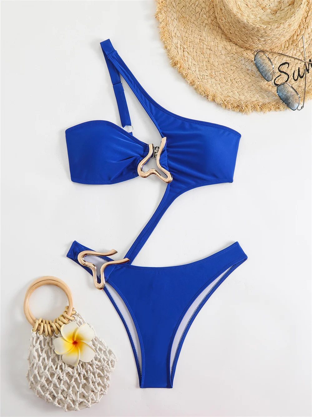 ไม่สม่ําเสมอ Hollow Out Buckle บิกินี่หนึ่งไหล่ชุดว่ายน้ํา Monokini ชุดบิกินี่ผู้หญิงวันหยุดชุดว่ายน้ําชายหาดชุดว่ายน้ํา