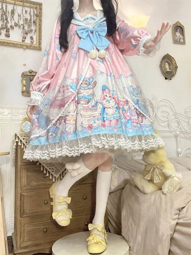 Donne Casual manica lunga Lolita Kawaii vestito fiocco orso pizzo blu abiti da principessa giapponese francese cameriera uniforme partito Prom Costume