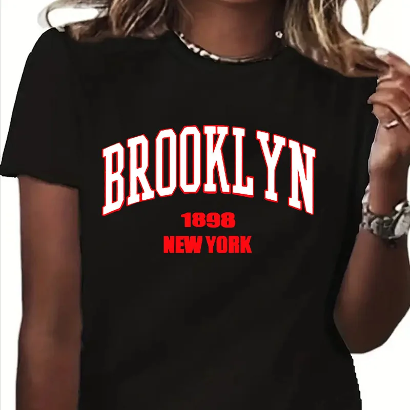 

Brooklyn 1898 New York Letter Women Graphic Print T Shirt Girl Short Sleeve Casual Streewear Clothes Lady Tees Tops Clothing