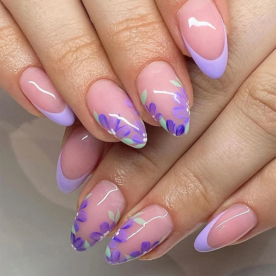 

24Pcs Mid-length Almond Press on Fake Nail with Purple French Design False Nails Flowers Pattern Reusable Full Cover Nails Tips
