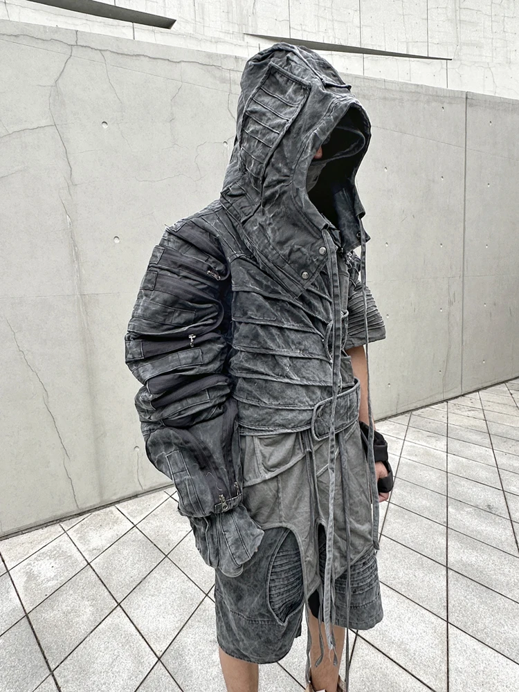 

Wasteland Wind Asymmetric Deconstruction Design Heavy Industry Old Star Same Hooded Jacket Men's Fashion Wear Coat Special Coat