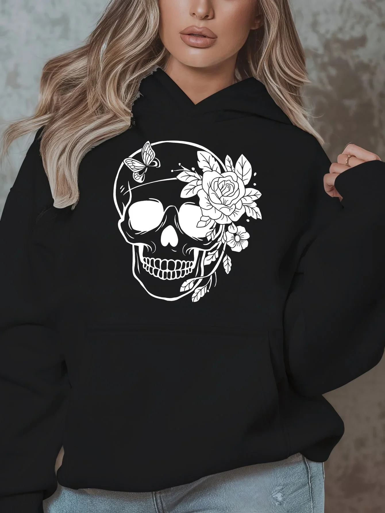 

Floral Skull Graphic Print Hoodie Men's and Women's Long Sleeve Sweatshirt Pullover Y2k Tops Fashion Autumn Winter Clothing