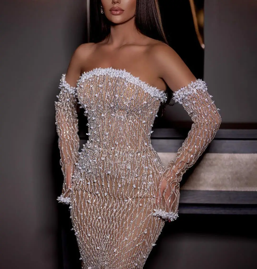 Sparkly Mermaid Evening Dresses Bateau Long Sleeves Sequins Lace Beaded Diamonds Appliques Hollow Sexy Prom Dresses Custom Made